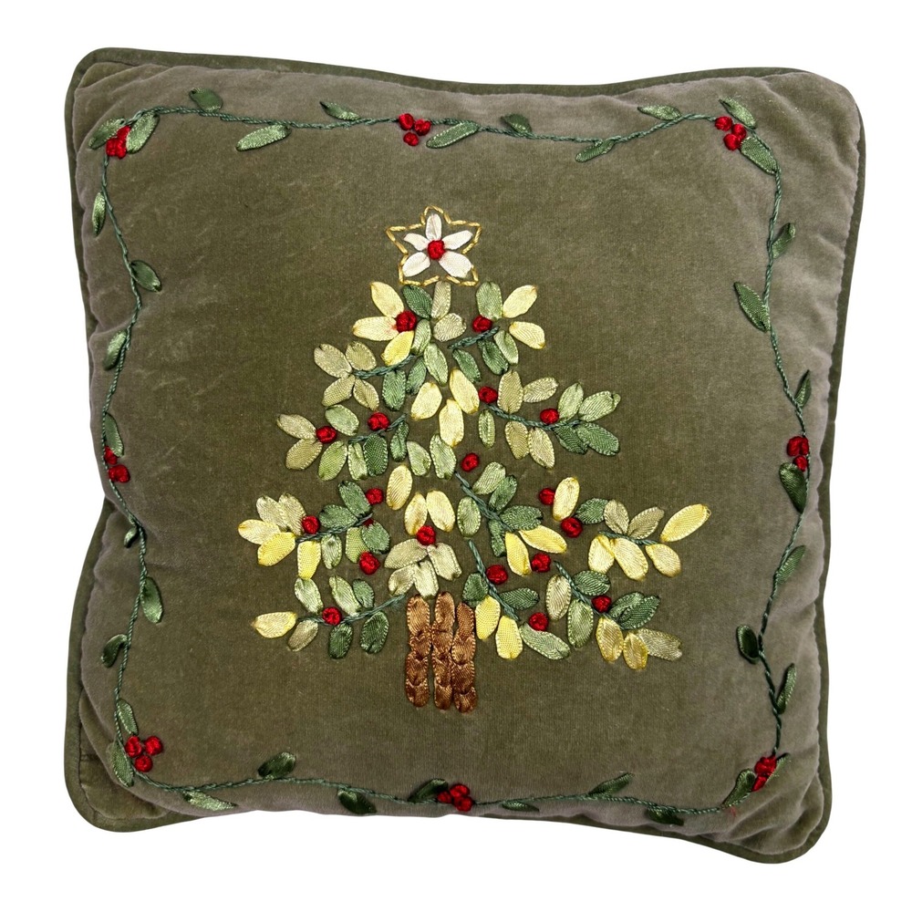 Vtg Christmas Tree Ribbonβ Embroidery Velvet Throw Pillow Sage Green Holiday